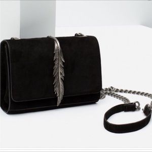 ZARA Suede feather handbag cow hide leather purse silver leaf crossbody chain